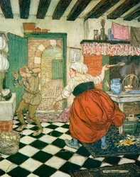 Manys the beating he had from the broomstick or ladle, illustration to Dick Whittington and his Cat, from English Fairy Tales Retold by F.A. Steel, 1927